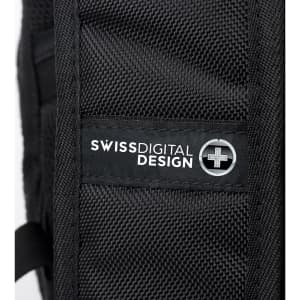 A black backpack with a textured surface and a logo on the side.