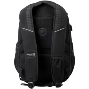 A black Swissdigital Neptune Backpack with padded shoulder straps and a sleek design. It features a logo and multiple compartments.
