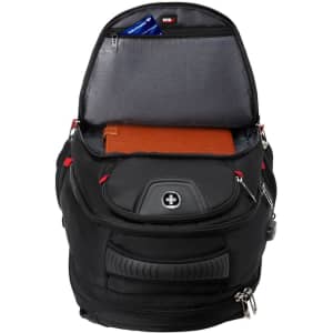 A black backpack with multiple compartments, including a padded section for a laptop and a space for a notebook.