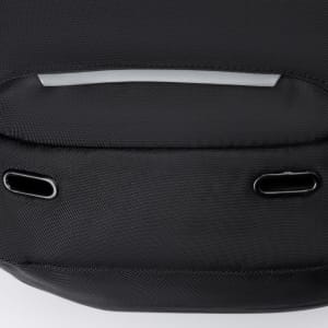 A black backpack featuring a sleek design with dual openings and a logo.