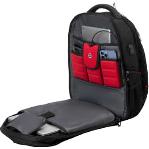 A black backpack with red accents, featuring multiple compartments for devices and accessories.