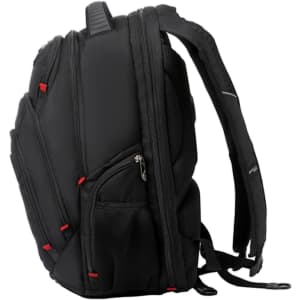 A black backpack with red accents, featuring multiple compartments and a logo. Suitable for various carrying needs.