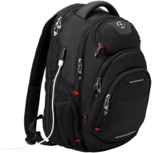 A black Swissdigital Neptune Backpack with multiple zippers and a charging port, featuring red accents.