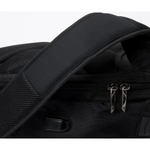 A black backpack with a padded shoulder strap and metal zippers, featuring mesh detailing.