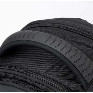 A black backpack featuring textured straps and multiple zippered compartments, with a prominent logo.