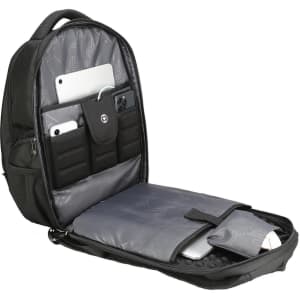 A black backpack with multiple compartments, featuring padded sections for devices and organisational pockets.