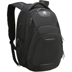 A black backpack with multiple compartments, padded straps, and a branding logo on the front.