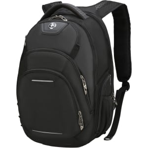 A black backpack with multiple compartments and zippers, featuring padded shoulder straps and a logo.