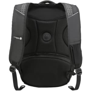 A black backpack with padded back support and adjustable straps, featuring a logo and side pocket.