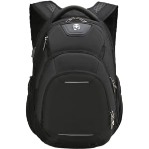 A black backpack with multiple compartments, padded straps, and a logo on the front.