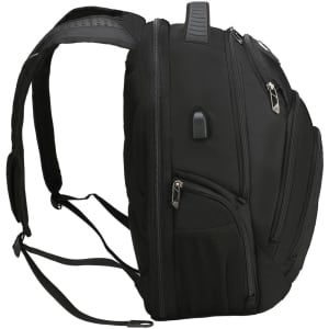 A black backpack featuring multiple zipped compartments and padded shoulder straps, with a logo displayed.