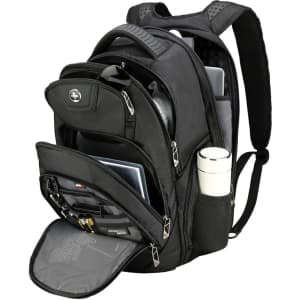A black backpack with multiple compartments, featuring a drink bottle pocket and a logo.