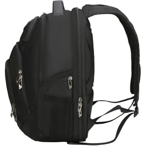 A black backpack with multiple zippers and compartments, featuring padded shoulder straps and a branding logo.