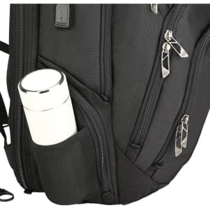 A black backpack with a white drink bottle in a side pocket, featuring multiple zipped compartments and a logo.