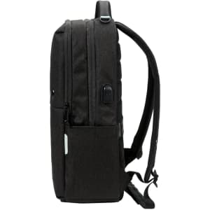 A dark grey backpack with padded straps, featuring multiple compartments and a logo on the side.