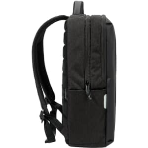 A black Swissdigital Arosa Backpack featuring padded straps and a side pocket, with a sleek, modern design.