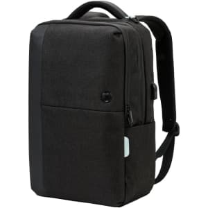 A sleek black backpack featuring multiple compartments and a branding logo. It has padded shoulder straps for comfort.