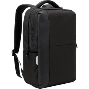 A black backpack with a sleek design and zippers, featuring a logo and padded shoulder straps.
