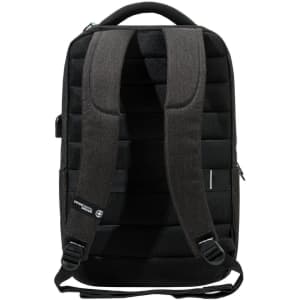 A black Swissdigital Arosa Backpack featuring padded straps and a sleek design, with a branding logo on the side.
