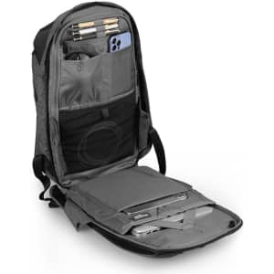 A grey backpack with multiple compartments, including space for a laptop and pockets for pens and a phone.