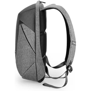 A grey backpack with a sleek design, featuring padded straps and a structured body. It includes a logo on the side.