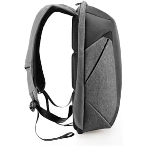 A grey backpack with a sleek design, featuring padded straps and a side pocket, includes branding.