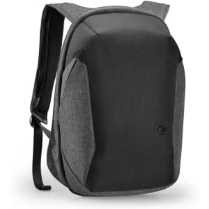 A grey and black backpack with a sleek design, featuring side pockets and a logo.