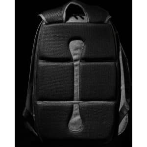 A black backpack with a textured surface and padded back. It features a contoured design and adjustable straps.