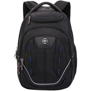 A black backpack with multiple compartments, zippers, and a logo on the front. Features blue accents for design.