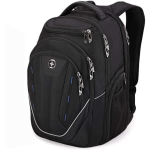 A black Swissdigital Terabyte Backpack features multiple zippers and compartments, with a logo on the front.