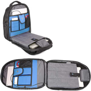 A black backpack with blue interior compartments, featuring pockets for a laptop and various devices. Includes a logo.