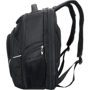 A black backpack with multiple compartments and adjustable straps, featuring a logo on the front.