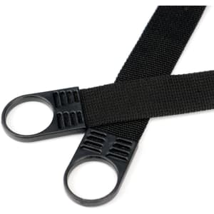 Black straps with round loops, featuring a textured grip. Suitable for various securing or fastening purposes.