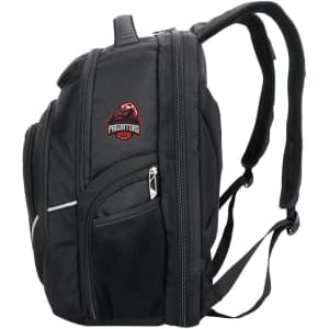A black backpack with multiple compartments and a logo. It features padded shoulder straps for comfort.