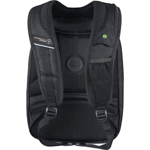 A black Swissdigital Terabyte Backpack featuring padded straps and multiple compartments, with a logo on the front.