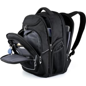 A black backpack with multiple compartments, including a padded laptop section and zippered pockets. It has a logo.