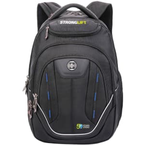 A black backpack featuring blue accents, multiple zippers, and a logo on the front.
