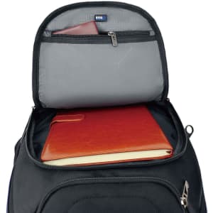 A black backpack with an open compartment containing a red notebook and a leather folder. It features an RFID pocket.