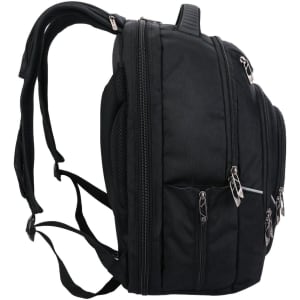 A black backpack featuring multiple zippered compartments and padded shoulder straps. It includes a logo on the front.