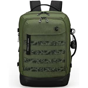 A green Swissdigital Berg L Backpack features multiple zip pockets, a textured front, and adjustable straps.