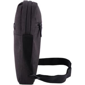 A dark grey shoulder bag with a shoulder strap and a side zipper, featuring a logo. Ideal for laptops and accessories.