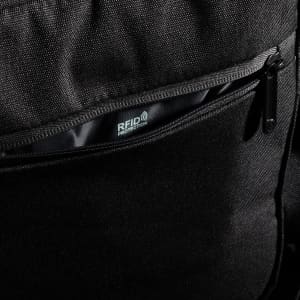 A black shoulder bag featuring an RFID protection pocket and a zip closure. The bag has a textured fabric.