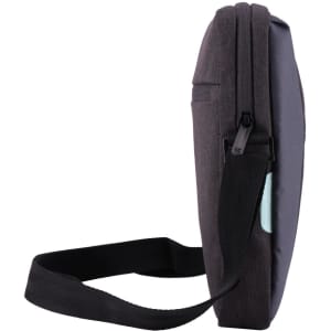 A side view of a grey and black laptop shoulder bag with a strap and a small logo.