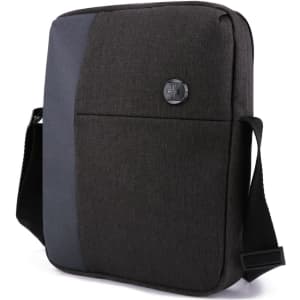 A laptop shoulder bag in dark grey fabric, featuring a sleek design and a logo on the front.