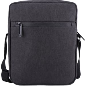 A black shoulder bag with a zippered front pocket and an adjustable strap. It has a logo on the front.