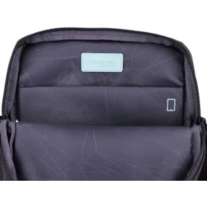 A laptop bag in black with a geometric pattern and an interior pocket, featuring a logo.