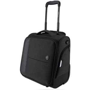 A wheeled underseat luggage bag in black with a telescopic handle and a logo. Features a zippered compartment.