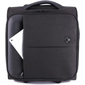 A dark grey wheeled bag with a front pocket, featuring a rounded handle and a logo.