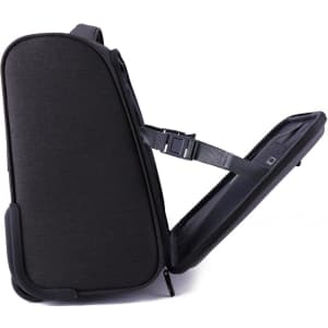 A wheeled underseat luggage bag in black, featuring a side view with an open compartment and adjustable strap.