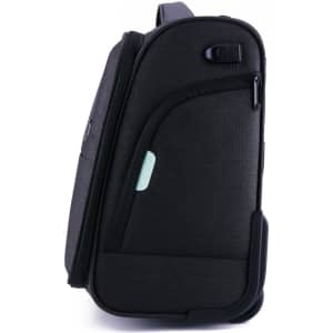 A wheeled underseat luggage bag in dark grey with a zippable compartment and a brand logo.
